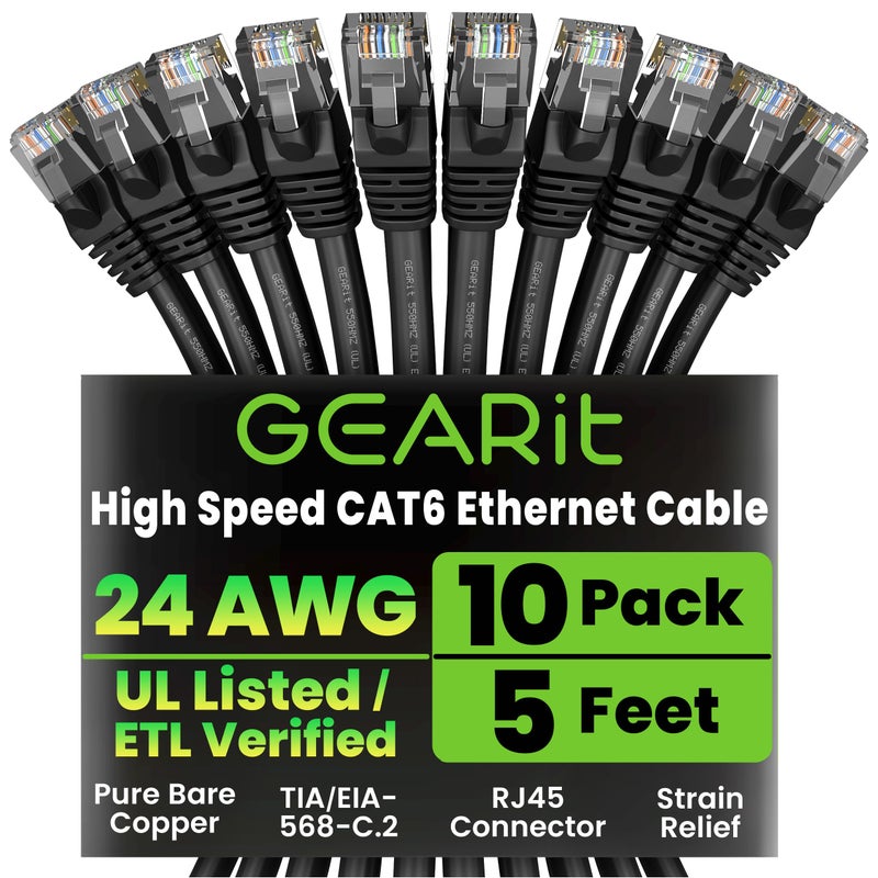 GEARit Cat 6 Ethernet Cable Pack - 10-Pack 5 ft Cat6 Ethernet Patch Cables | RJ45 Network Patch Cable, 10 Gbps Snagless Gold-Plated Connectors - Ethernet Cable Cat 6 for PC, TV, Router - Black - Image 1