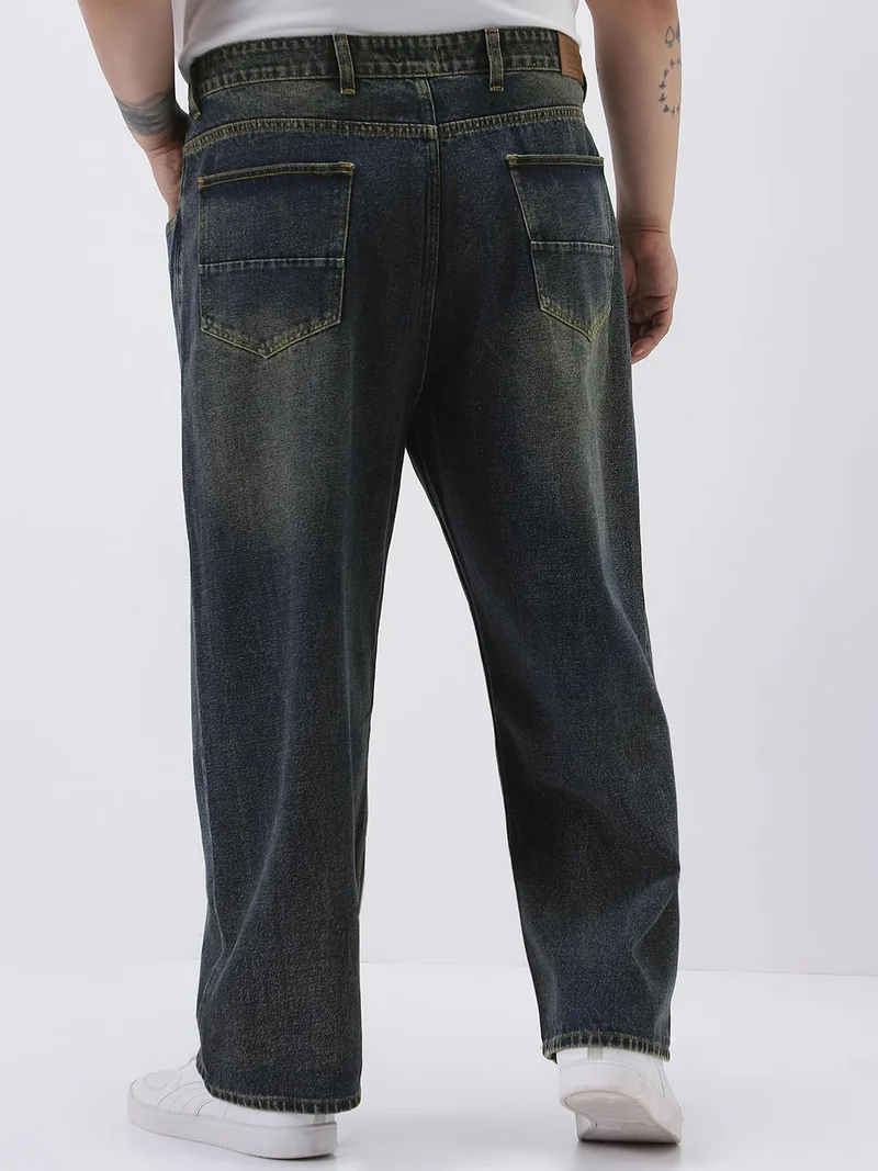 Urbano Fashion  Urbano Plus Men's Dark Blue Loose Baggy Fit Heavy Washed Jeans Non-Stretchable  | Best Price UAE