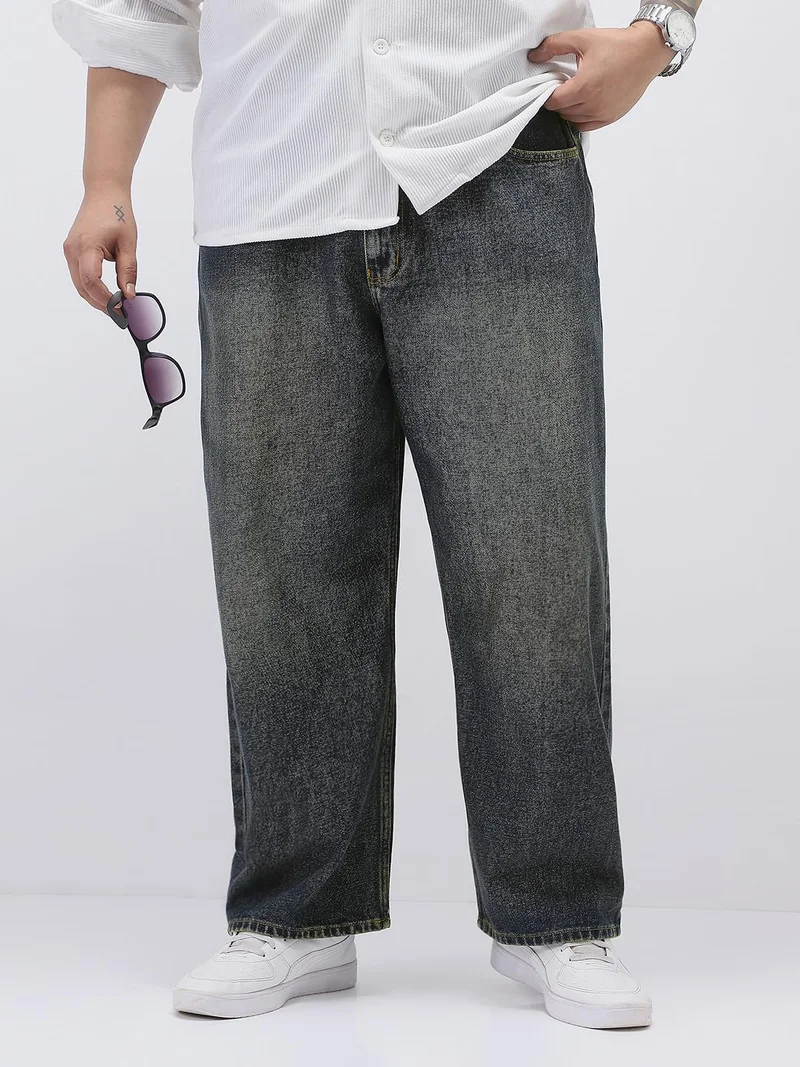 Urbano Plus Men's Dark Blue Loose Baggy Fit Heavy Washed Jeans Non-Stretchable