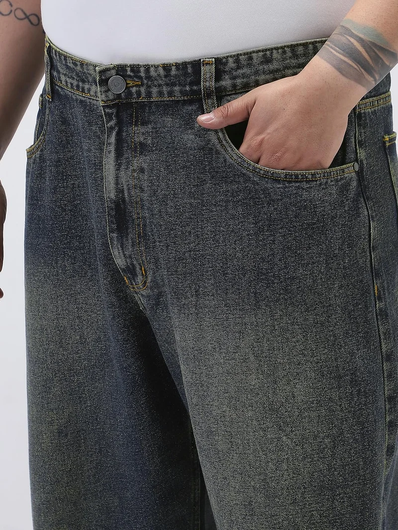 Urbano Fashion  Urbano Plus Men's Dark Blue Loose Baggy Fit Heavy Washed Jeans Non-Stretchable  | Best Price UAE