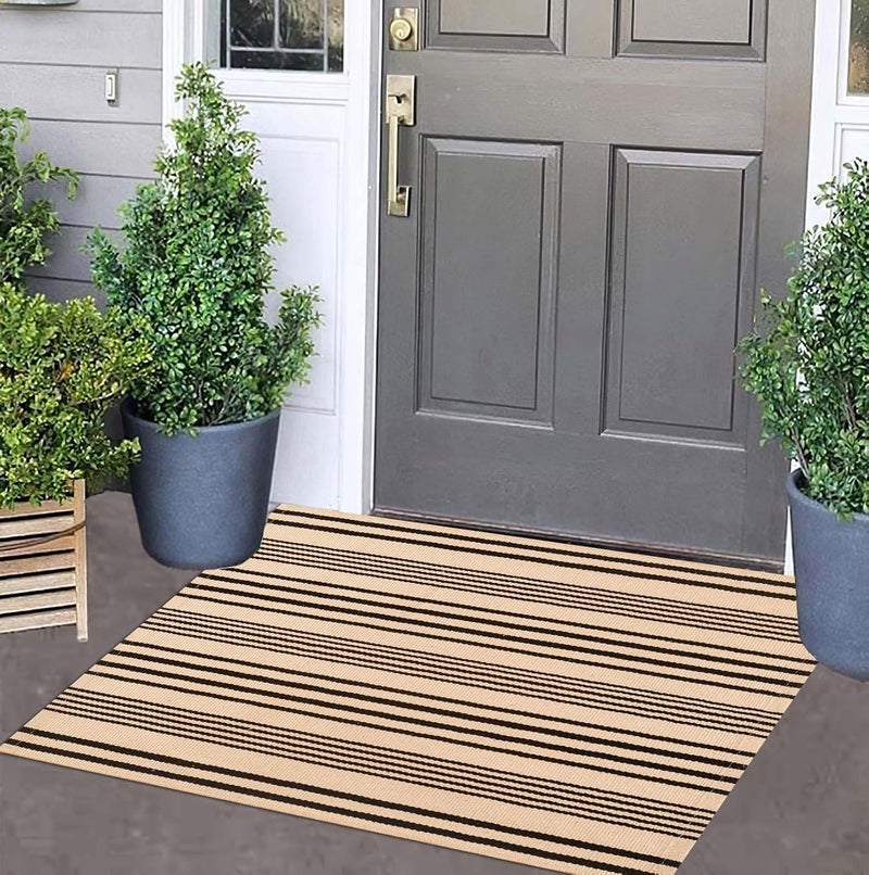 BUAGETUP Front Outdoor Door Mat 2'x3',Tan Black Striped Outdoor Rug Machine Washable Cotton Layered Door Mat Entryway Throw Rug for Indoor Entrance - Image 1