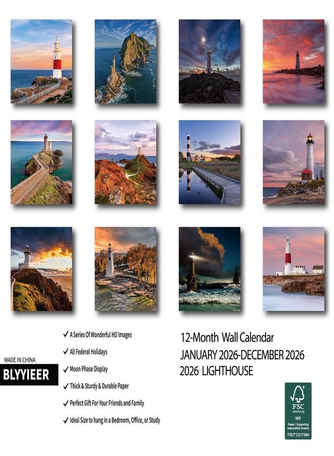 BLYYIEER 2026 Wall Calendar Lighthouse, 12 Months Hangable Wall Calendars, 12" x 24" (Open), Thick Glossy Paper, Organizing & Planning - Image 2