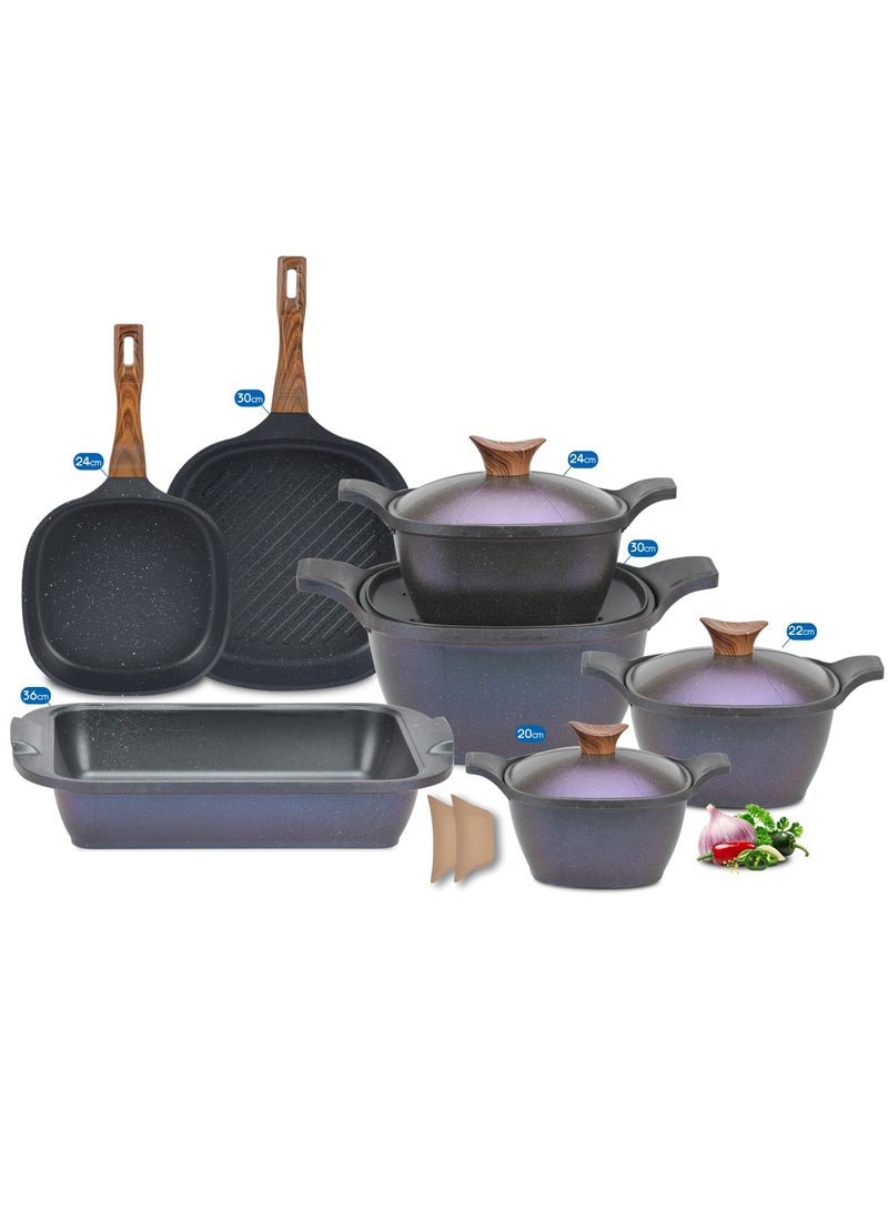 NeoKlein 11 Piece Neoklien Korean Design Granite Set Square (4 Pots (20-22-24-30) + Grill 30 + Rectangular Casserole 36 + Frying Pan 24) - Ocean 