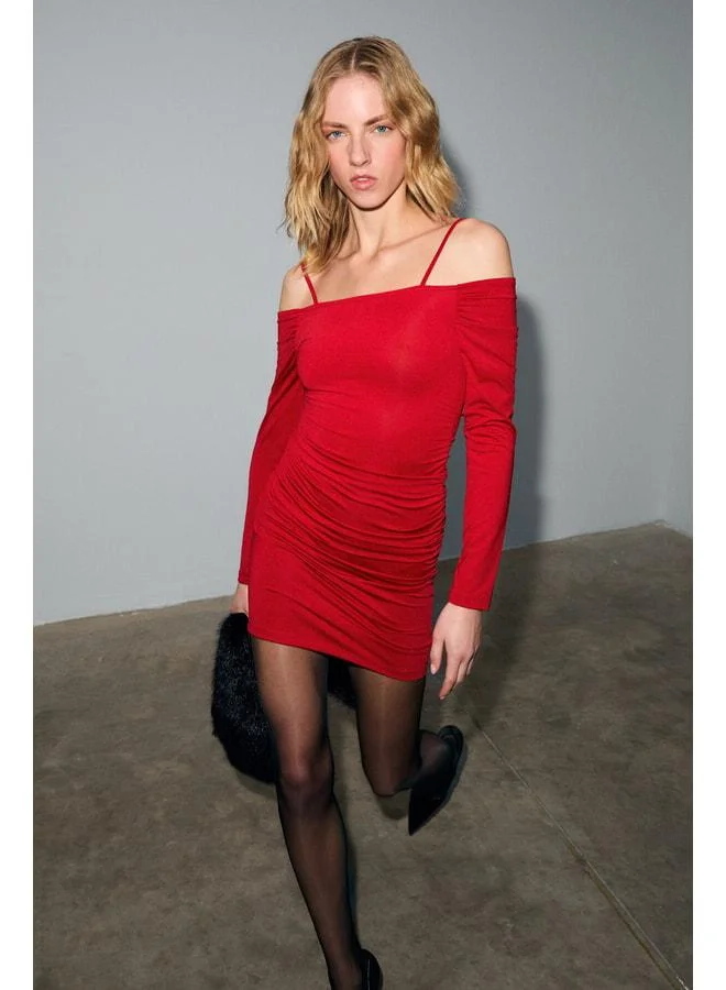 Grimelange  GRESSE Women's Off-Shoulder Ruffle-Detail Stretch Fabric Body-Hugging Strappy Mini Red Dress. for Women | Best Price UAE