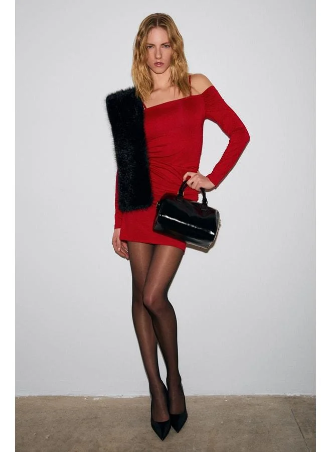 Grimelange GRESSE Women's Off-Shoulder Ruffle-Detail Stretch Fabric Body-Hugging Strappy Mini Red Dress.