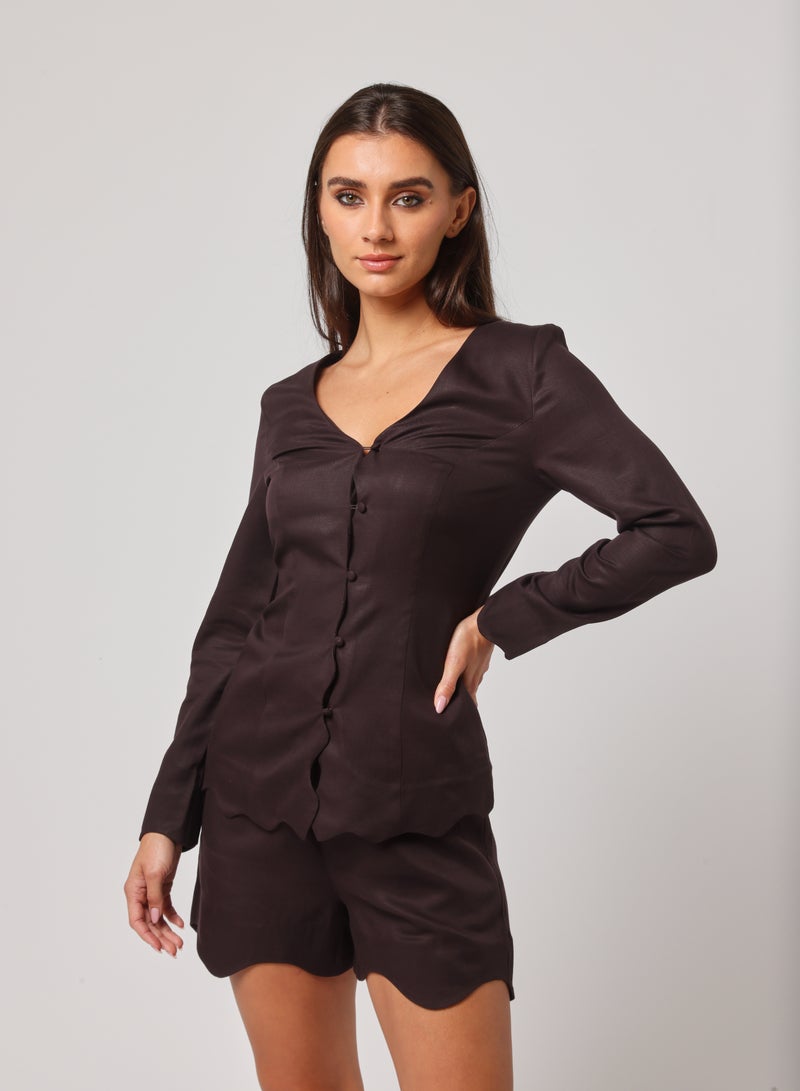 Ashita Fernandes Ashita Fernandes Arz Linen Top for women – Noir Bark, Tailored Fit with Asymmetric Neckline, Contemporary & Chic Style, Breathable Sustainable Fabric  - Image 1