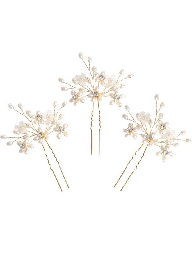 Sppry Wedding Hair Pins (3 Pcs) Elegant Pearl Floral Crystal Hair Accessories For Bridal Women (Gold) - Image 1