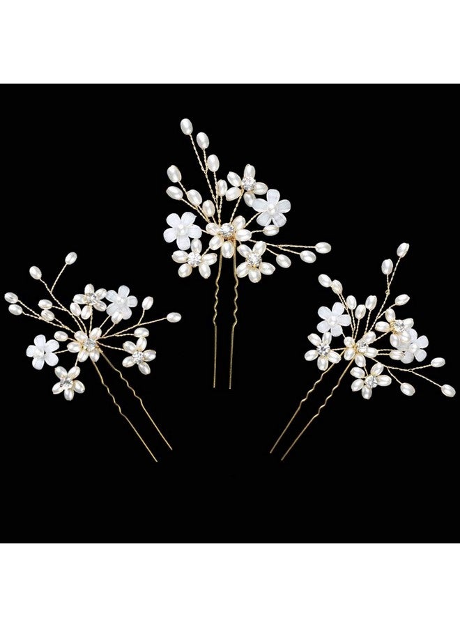 Sppry Wedding Hair Pins (3 Pcs) Elegant Pearl Floral Crystal Hair Accessories For Bridal Women (Gold) - Image 3