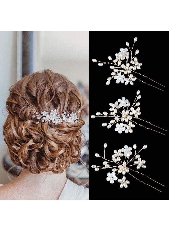 Sppry Wedding Hair Pins (3 Pcs) Elegant Pearl Floral Crystal Hair Accessories For Bridal Women (Gold) - Image 2
