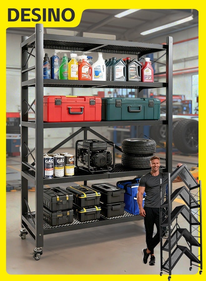 DESINO Foldable Shelves 5 Tier Heavy Duty Metal Storage Shelves with Wheels - No Assembly Collapsible Shelving Unit for Kitchen Garage Hold up to 1250 lbs - Image 1