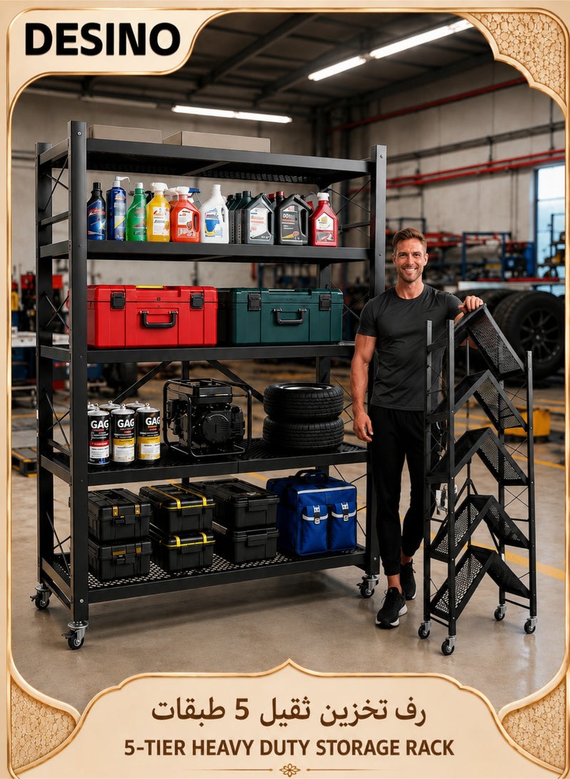 DESINO Foldable Shelves 5 Tier Heavy Duty Metal Storage Shelves with Wheels - No Assembly Collapsible Shelving Unit for Kitchen Garage Hold up to 1250 lbs - Image 1