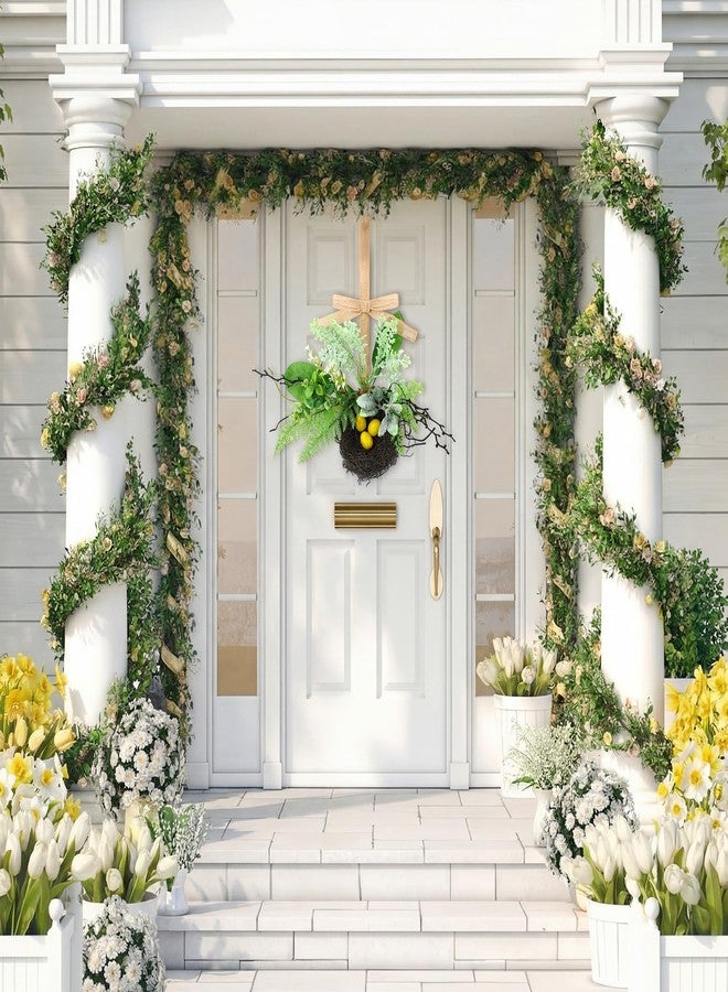 Norme Spring Bird Nest Wreath Bow Decoration Artificial Bird Nest with Fern and Eggs for Spring Summer Yard Garden Wedding Home Easter Party Decor - Image 4