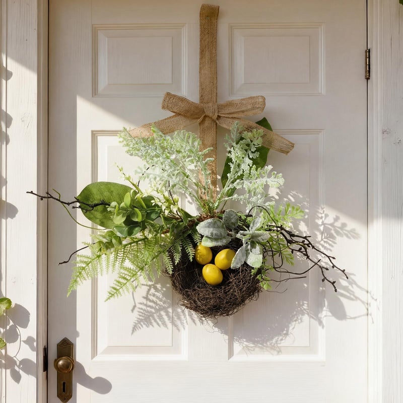 Norme Spring Bird Nest Wreath Bow Decoration Artificial Bird Nest with Fern and Eggs for Spring Summer Yard Garden Wedding Home Easter Party Decor - Image 1