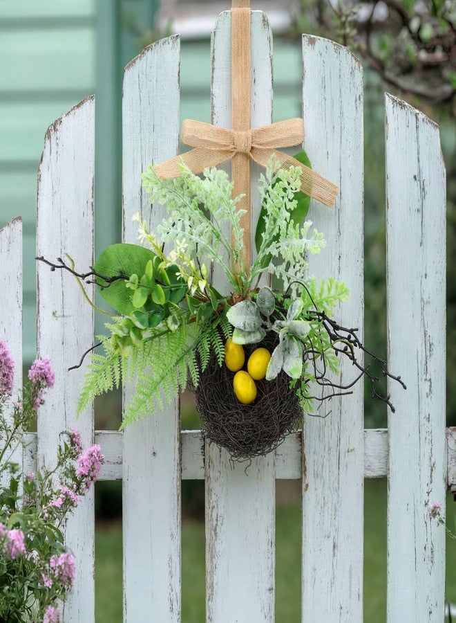 Norme Spring Bird Nest Wreath Bow Decoration Artificial Bird Nest with Fern and Eggs for Spring Summer Yard Garden Wedding Home Easter Party Decor - Image 3