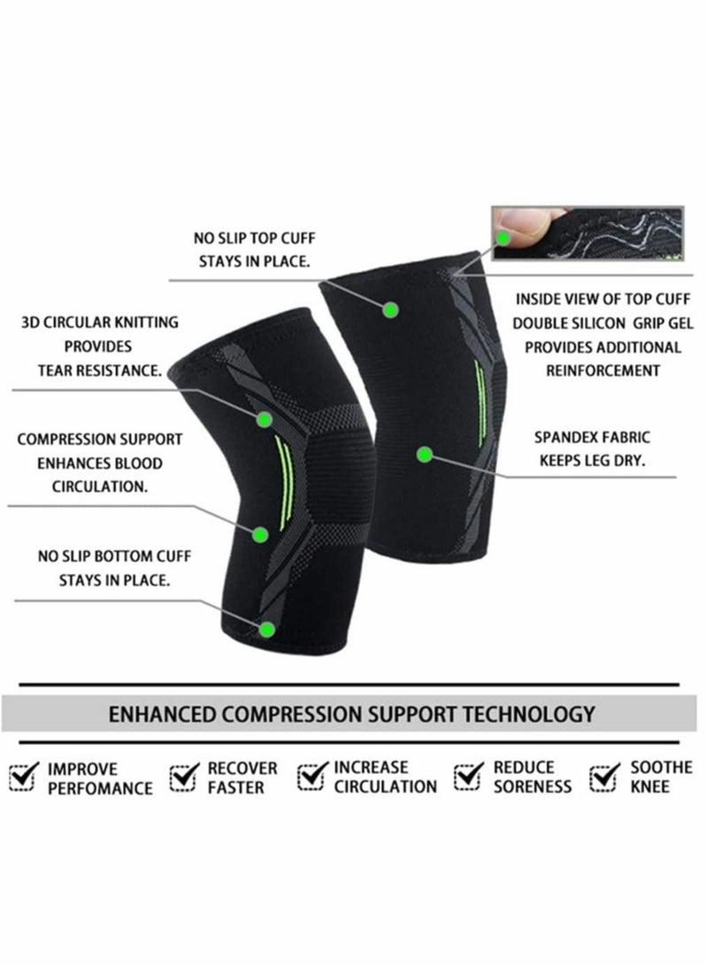 كابتن تيك Knee Brace, 2 Pcs Knee Support Brace for Men & Women, Knee Compression Sleeve for Running, Pain Relief (Large, Black Green) - Image 4
