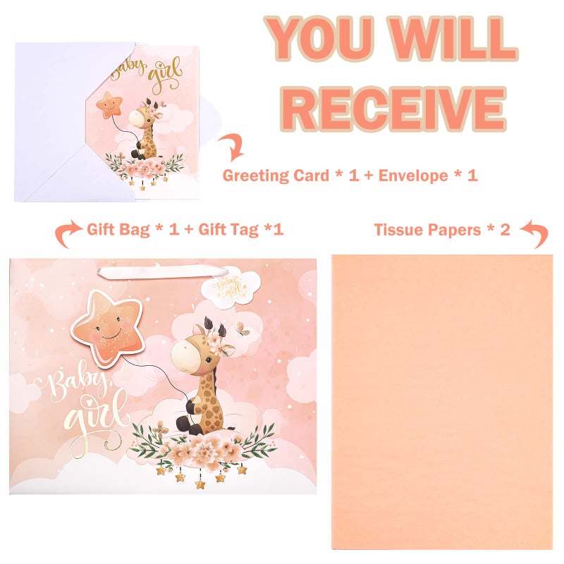 WRAPAHOLIC 16" Extra Large Baby Girl Gift Bag with Card and Tissue Paper - For Baby Shower, New Baby - Image 3