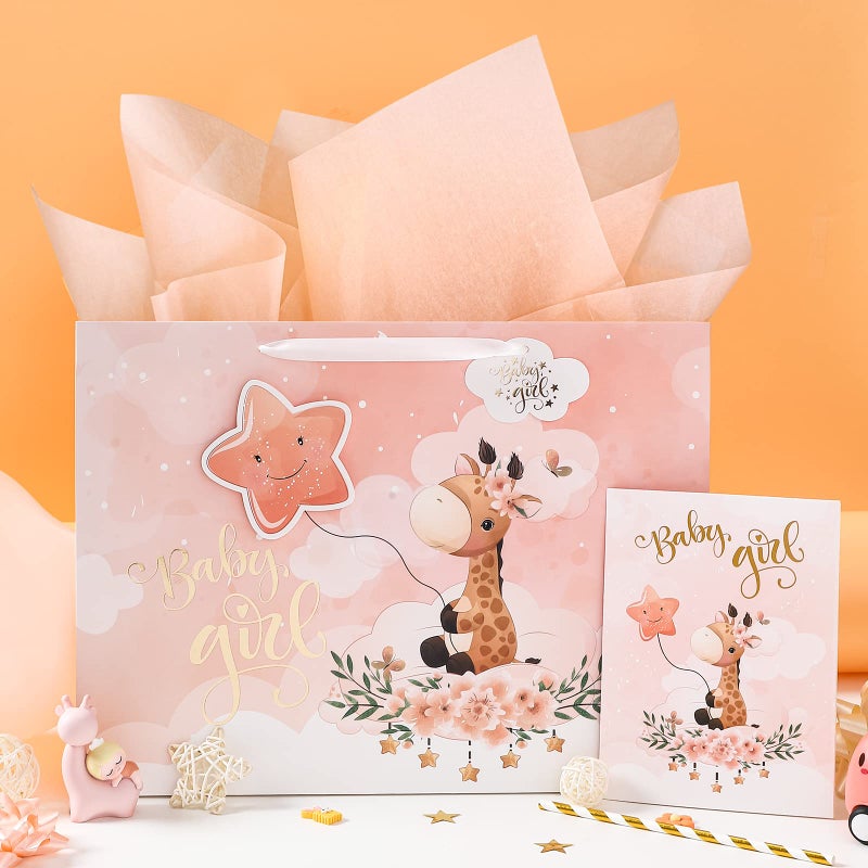 WRAPAHOLIC 16" Extra Large Baby Girl Gift Bag with Card and Tissue Paper - For Baby Shower, New Baby - Image 4