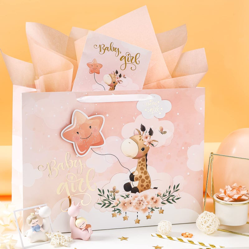 WRAPAHOLIC 16" Extra Large Baby Girl Gift Bag with Card and Tissue Paper - For Baby Shower, New Baby - Image 5