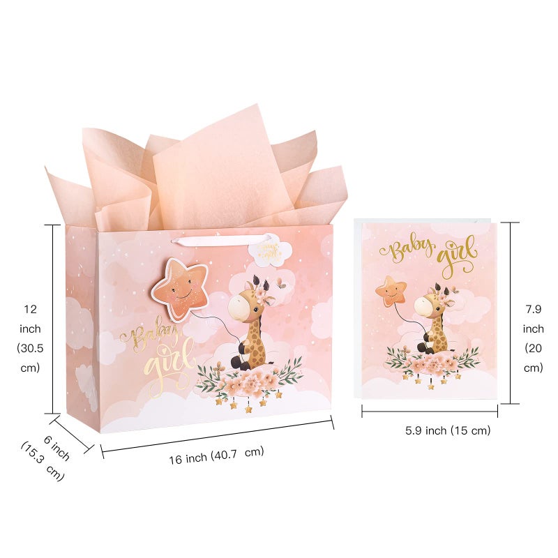 WRAPAHOLIC 16" Extra Large Baby Girl Gift Bag with Card and Tissue Paper - For Baby Shower, New Baby - Image 2