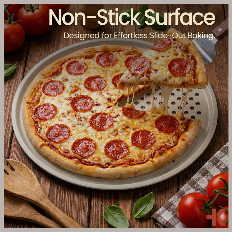 BAKKENMASTER Bakken Pizza Baking Pan - Round Perforated Carbon Steel Pan with Non-Stick Marble Coating, Oversized Silicone Handle, Dishwasher Safe, High-Temperature Resistant, Durable & Easy Cleanup White, 2 Pack - Image 3