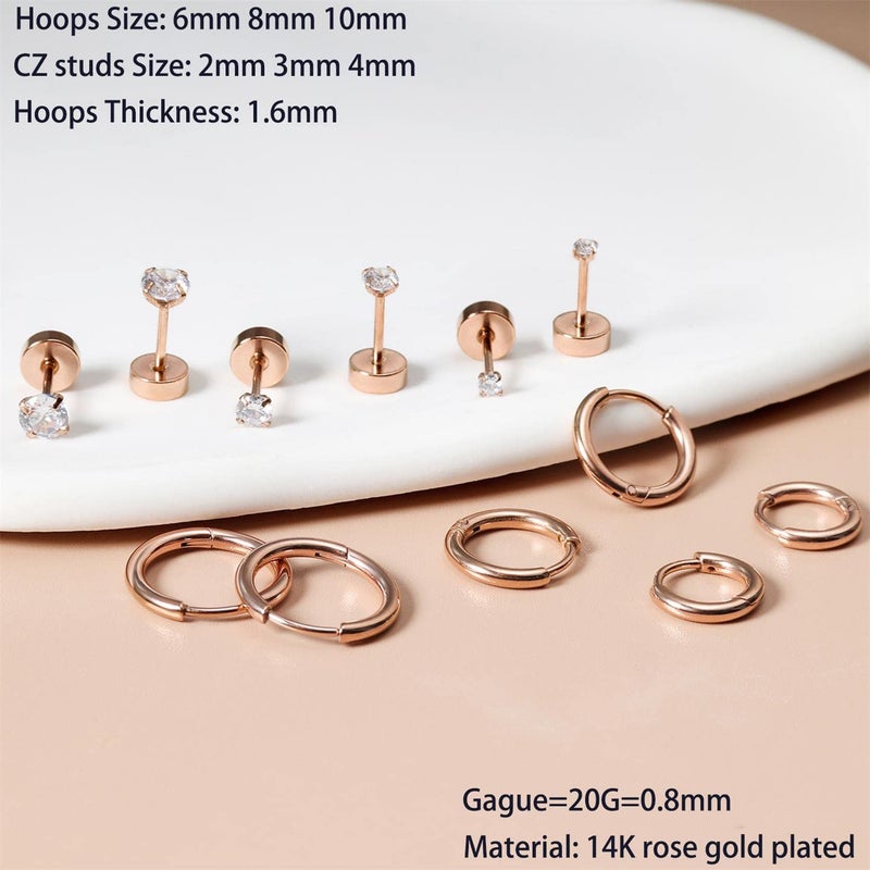 Sweetkiki Dainty 6 Pairs Earrings Sets for Multiple Piercing, Lightweight 14K Gold Plated Small Huggie Hoop Earrings, Flat Back Tiny Ball CZ Stud Earrings for Cartilage, Helix, Lobe, Hypoallergenic - Image 3