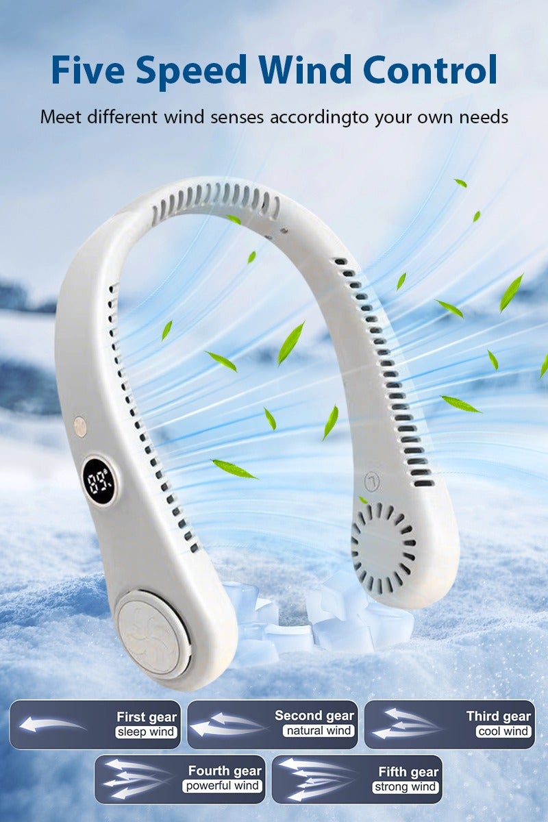 ديبتر مروحة رقبة، مروحة رقبة محمولة معلقة على الرقبة مزودة بشاشة عرض رقمية LED و5 مستويات للسرعة، مروحة رقبة بدون شفرات مع تدفق هواء بزاوية 360 درجة، مروحة شخصية قابلة للارتداء قابلة للشحن عبر USB للعمل والسفر والرياضة والتبريد في الهواء الطلق بهدوء (أبيض) - Image 2