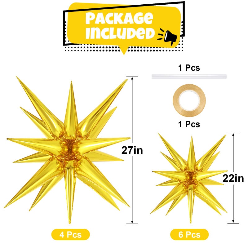 TOTAFAM 10 Pcs Gold Star Balloons Explosion Balloons Foil Cone Balloon Magic for Birthday Wedding Anniversary Party Backdrops Decorations Supplies, 6 Pcs 22Inches and 4 Pcs 27Inches - Image 2