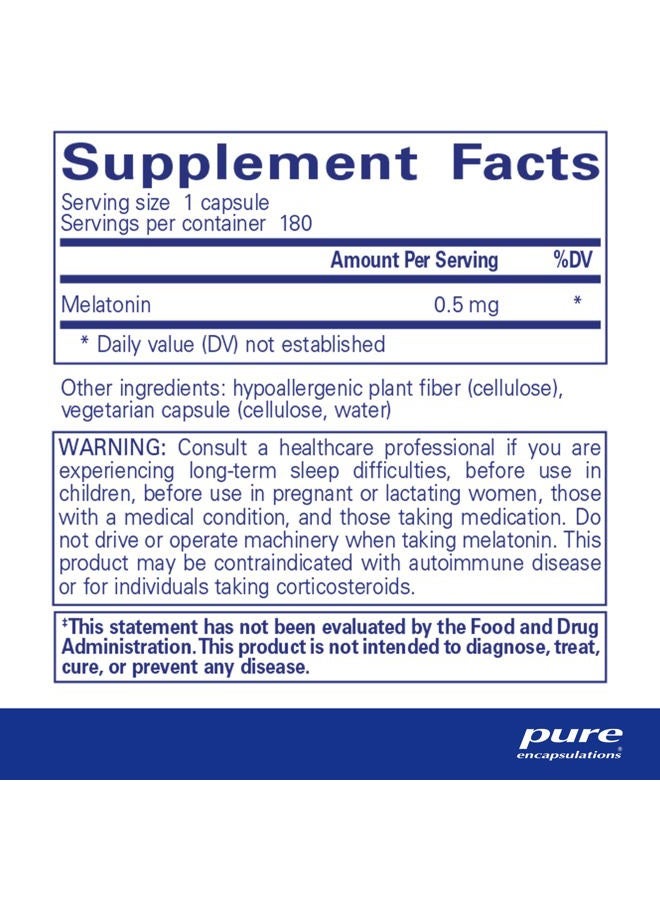 Pure Encapsulations Melatonin 0.5 mg - Natural Sleep Helper for Bedtime - Regulates Sleep-Wake Cycle - 0.5 mg Melatonin - Vegan & Non-GMO - 180 Capsules - Image 2
