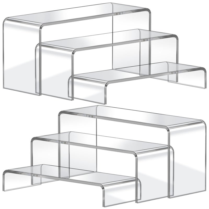 FUNFERY Acrylic Display Risers,2 Sets(7.8" L~8.2" L~8.6" L) Display Stand Shelf for Figure,Collectibles,Cupcake,Clear Acrylic Risers for Displays Case Cabinet,Dessert Table,Shelf Riser for Decor,Food - Image 1