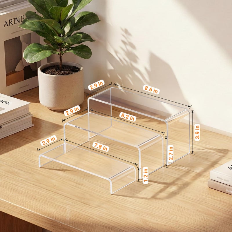 FUNFERY Acrylic Display Risers,2 Sets(7.8" L~8.2" L~8.6" L) Display Stand Shelf for Figure,Collectibles,Cupcake,Clear Acrylic Risers for Displays Case Cabinet,Dessert Table,Shelf Riser for Decor,Food - Image 5