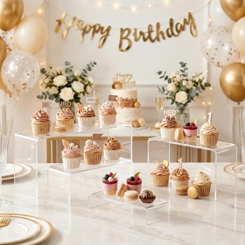FUNFERY Acrylic Display Risers,2 Sets(7.8" L~8.2" L~8.6" L) Display Stand Shelf for Figure,Collectibles,Cupcake,Clear Acrylic Risers for Displays Case Cabinet,Dessert Table,Shelf Riser for Decor,Food - Image 2