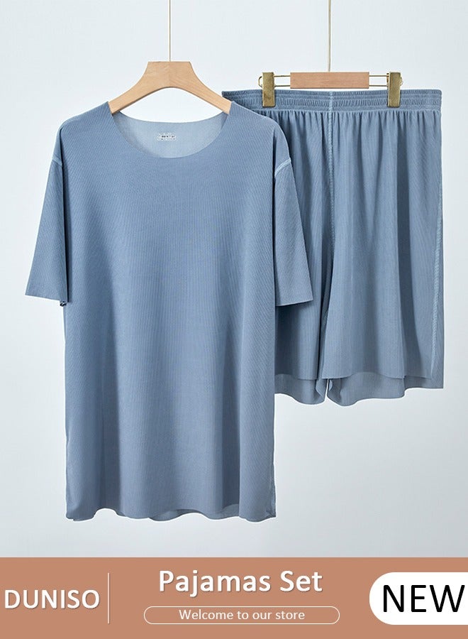 DUNISO 2 pcs Pajamas Set for Men and Women Short Sleeve Summer Relaxed Pajamas Round Neck High Elastic Breathable Thin Pajamas Set - Image 1