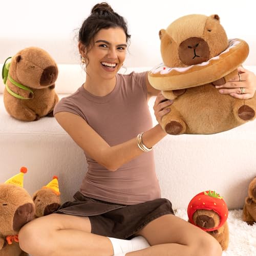 Ditucu Cute Capybara Plush Pillow with Wearable Donut Headgear Stuffed Animal Food Capibara Plushies Toys Gifts for Kids Brown 11 inch - Image 3
