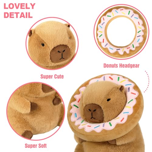 Ditucu Cute Capybara Plush Pillow with Wearable Donut Headgear Stuffed Animal Food Capibara Plushies Toys Gifts for Kids Brown 11 inch - Image 4