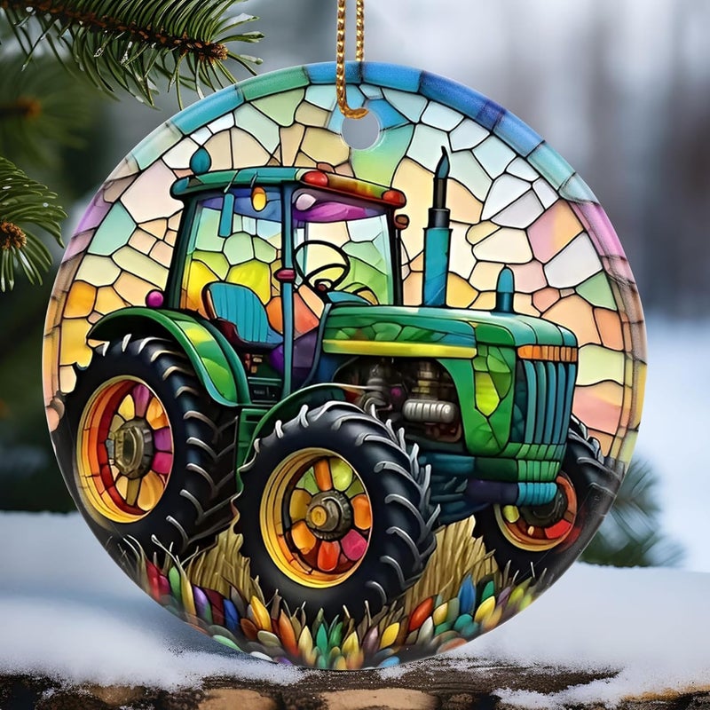 Touber Christmas Ornament, Christmas Decoration, Holiday Present Idea, Heirloom Keepsake, Round Ceramic, Gift Exchange, Gift Idea, Tractor - Image 1