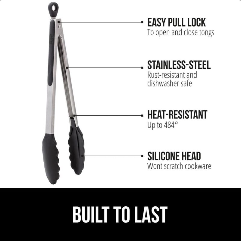 Gorilla Grip Stainless Steel Heat Resistant Kitchen Tongs for Cooking, Set of 2 BBQ Tong, Non Scratch Silicone Tip for Pans, Strong Grip, Grab Food, Toss Salad, Air Fryer, Pull Lock, 7 + 9 Inch, Black - Image 2
