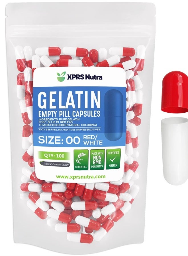 XPRS Nutra Size 00 Empty Capsules - 100 Count Empty Gelatin Capsules - Empty Pill Capsules - DIY Capsule Filling - Fillable Pill Capsules Empty Gel Caps (Red/White) - Image 1