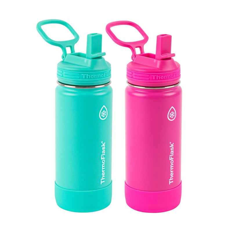 ThermoFlask Kids Bottle with Straw Lid - Durable & Dishwasher-Safe Water Bottles & Lids - Leak-Proof Bottle Lid Design - Reusable Water Bottles for Everyday Use - 16 oz, Aquamarine/Storm Pink (2 Pack) - Image 1