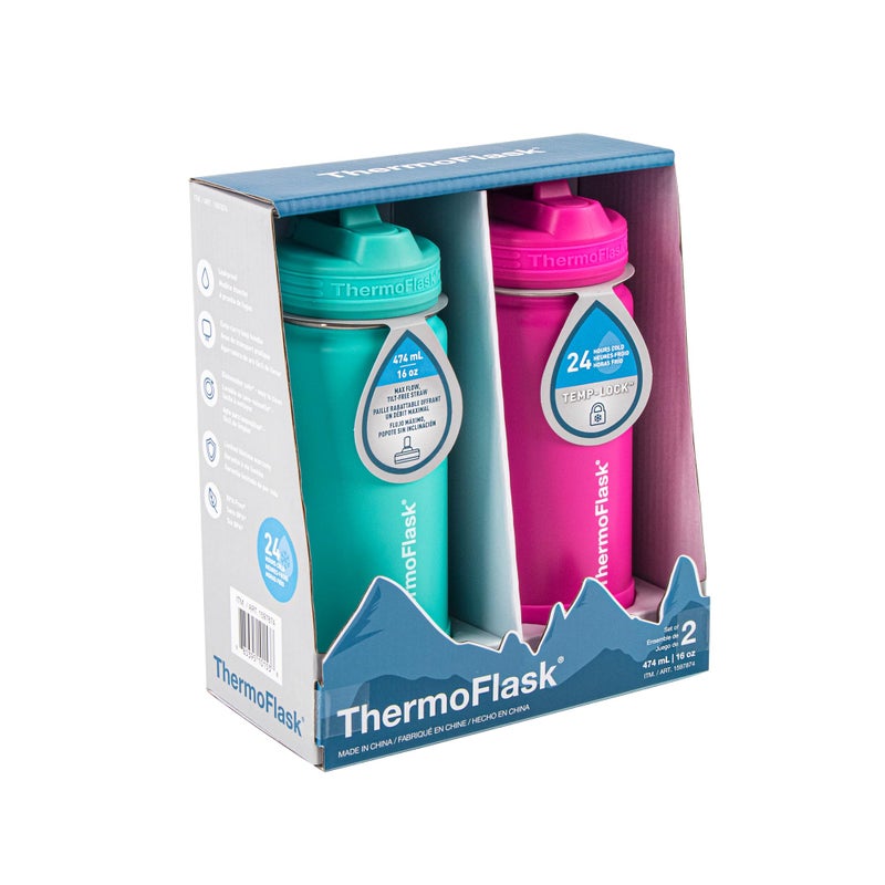 ThermoFlask Kids Bottle with Straw Lid - Durable & Dishwasher-Safe Water Bottles & Lids - Leak-Proof Bottle Lid Design - Reusable Water Bottles for Everyday Use - 16 oz, Aquamarine/Storm Pink (2 Pack) - Image 2