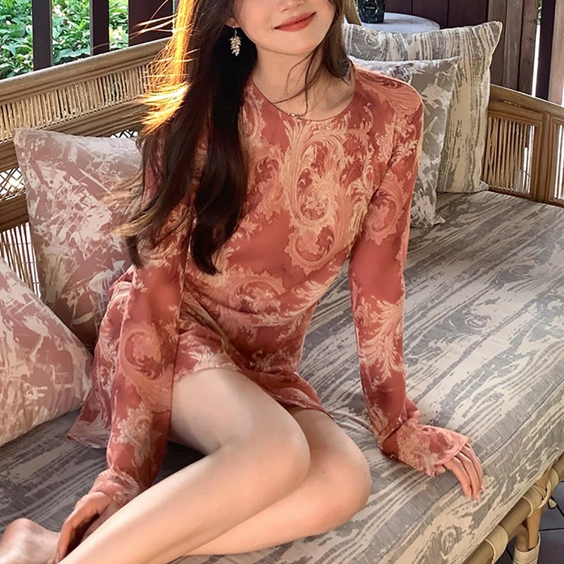 Women's Acanthus Print Bias Cut Fishtail Flared Sleeve High Waist Slim Fit Midi Dress - Image 2