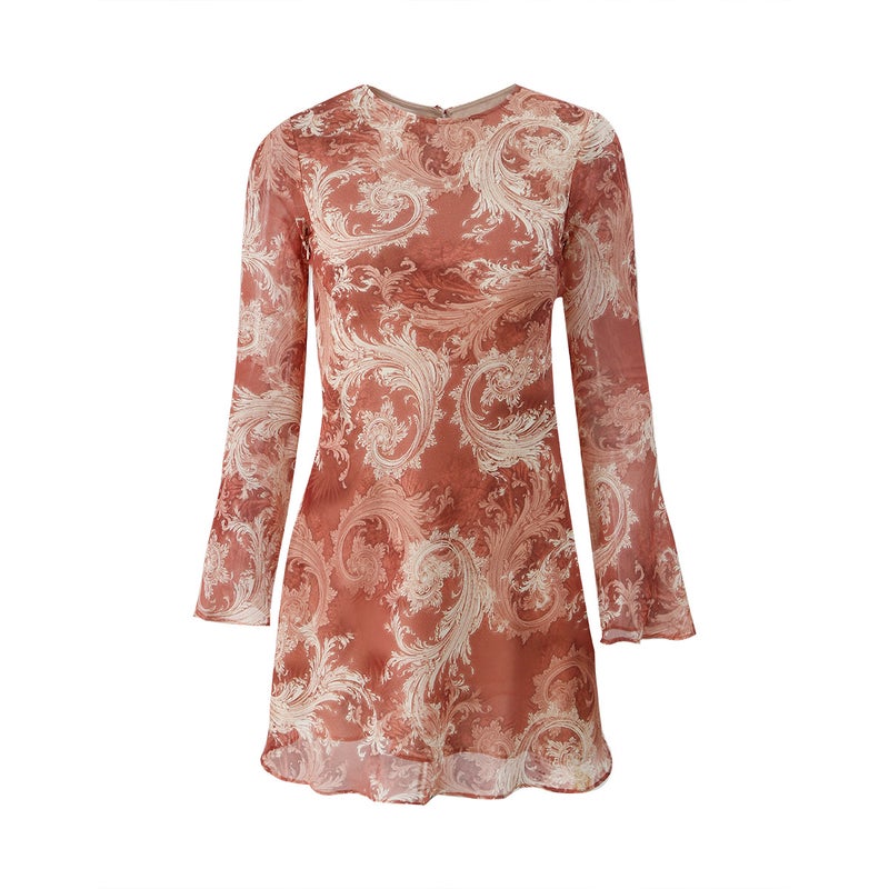 Women's Acanthus Print Bias Cut Fishtail Flared Sleeve High Waist Slim Fit Midi Dress - Image 5