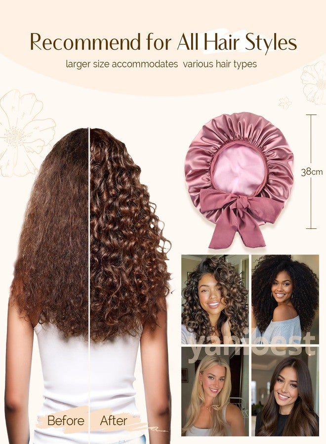 YANIBEST Satin Silk Bonnet for Sleeping Women, Double Layer Hair Bonnet with Elastic Tie Band for Curly Natural Hair, Beanpaste Pink - Image 4