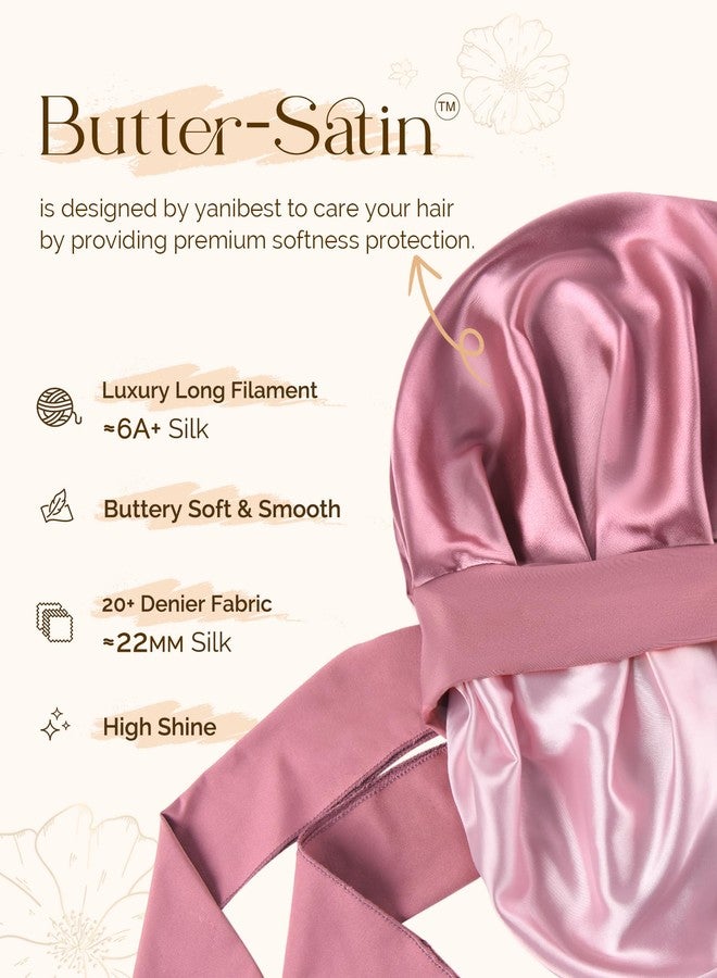 YANIBEST Satin Silk Bonnet for Sleeping Women, Double Layer Hair Bonnet with Elastic Tie Band for Curly Natural Hair, Beanpaste Pink - Image 3