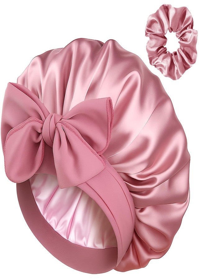 YANIBEST Satin Silk Bonnet for Sleeping Women, Double Layer Hair Bonnet with Elastic Tie Band for Curly Natural Hair, Beanpaste Pink - Image 1