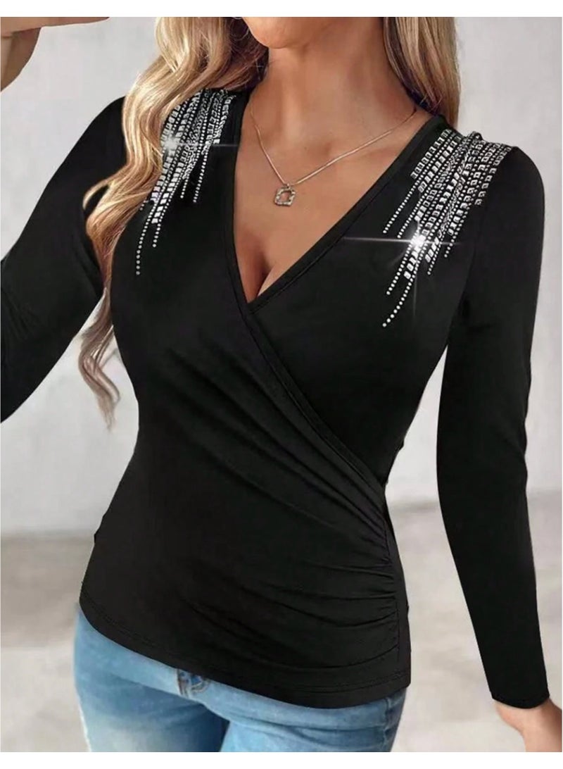 SHEIN Women's Crystal Embellished Overlap V-Neck Long Sleeve Ruched Fitted Elegant T-Shirt Fall Cloth - Image 1