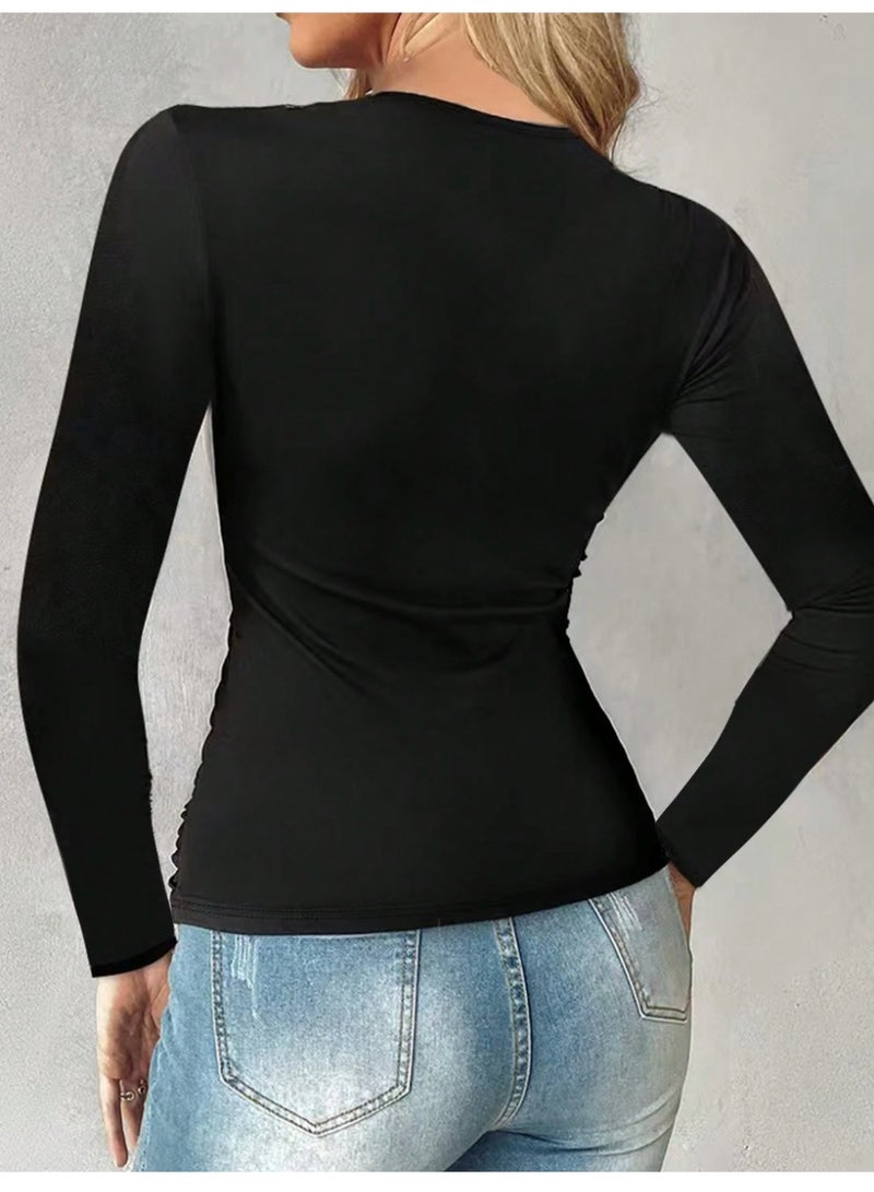 SHEIN Women's Crystal Embellished Overlap V-Neck Long Sleeve Ruched Fitted Elegant T-Shirt Fall Cloth - Image 2