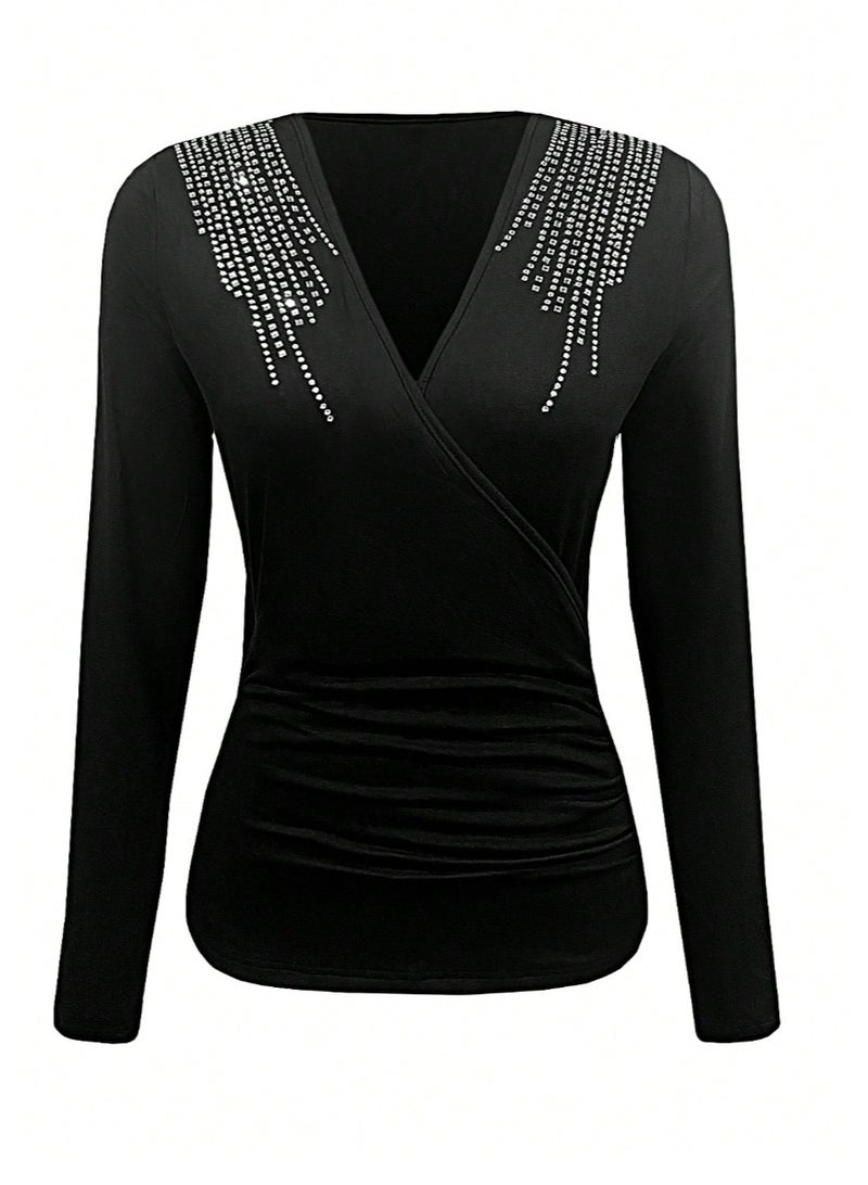SHEIN Women's Crystal Embellished Overlap V-Neck Long Sleeve Ruched Fitted Elegant T-Shirt Fall Cloth - Image 3