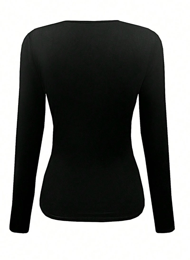 SHEIN Women's Crystal Embellished Overlap V-Neck Long Sleeve Ruched Fitted Elegant T-Shirt Fall Cloth - Image 4