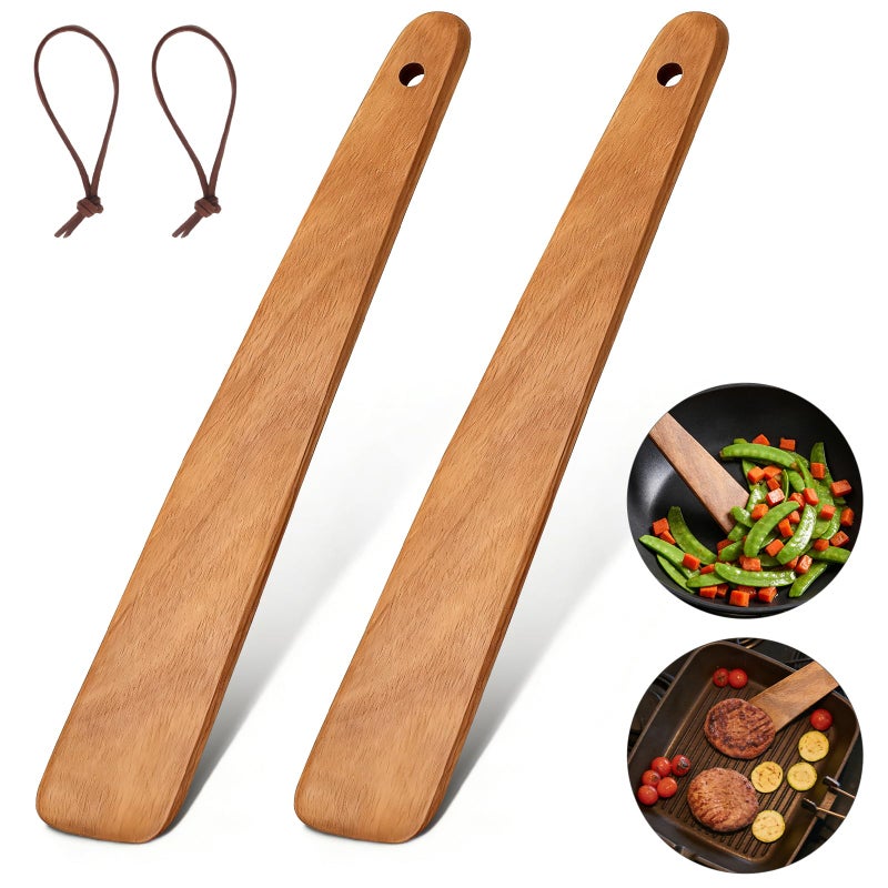 Azureblue 2PCS Teak Wooden Spatula for Cooking, 12 Inch Wood Spatula Turner & Egg Flipper Scraper for Cast Iron, Flat Wood Cooking Utensils, Spatulas Spoons Perfect for White Elephant Gift ideas, Kitchen Gifts - Image 1