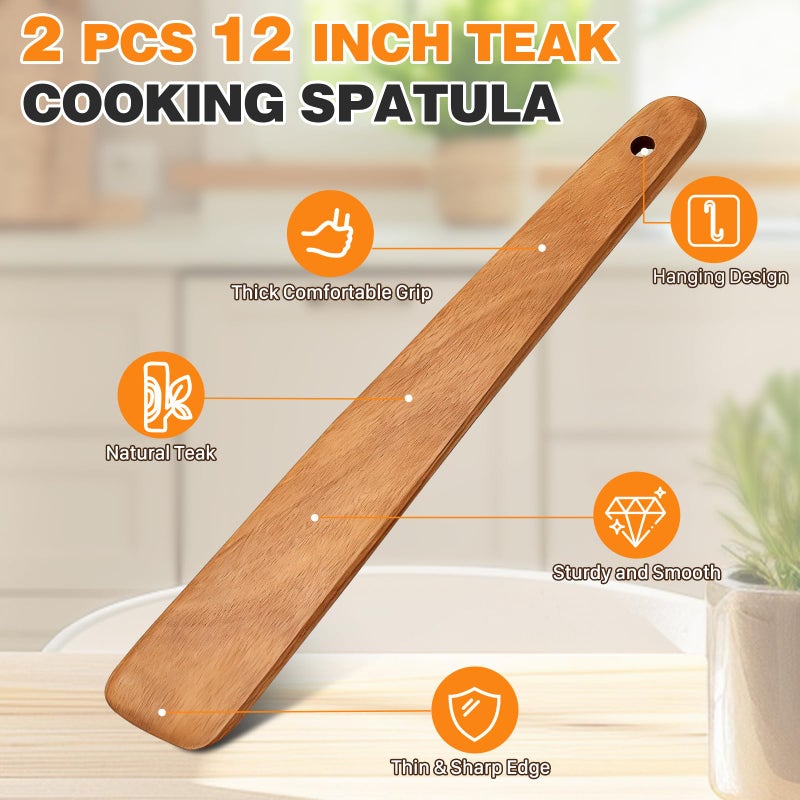 Azureblue 2PCS Teak Wooden Spatula for Cooking, 12 Inch Wood Spatula Turner & Egg Flipper Scraper for Cast Iron, Flat Wood Cooking Utensils, Spatulas Spoons Perfect for White Elephant Gift ideas, Kitchen Gifts - Image 2